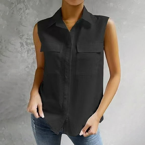 WTXUE Button Down Shirts Plus Size Tops for Women Summer Fashion Casual Sleeveless Solid Color Large Button Double Pocket Lapel Lined Clothes Sleeveless Tops Linen Shirts Women Blouses Black L