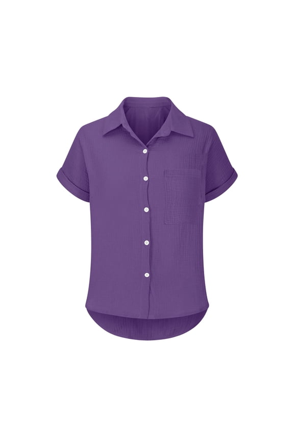 Button Down Shirts Short Sleeve Shirts Blouses Casual Batwing Sleeve Pocket Patched Shirt Casual Work T Shirts Wrinkled Fabric Double Lined Tops V Neck T Shirts Basic Tees for Women Purple M