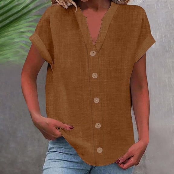 WTXUE Button Down Shirts Short Sleeve Shirts for Women Fashionable And Casual V Neck Button Short Sleeved Large Size T Shirt Shirt Plus Size Tops V Neck T Shirts for Women Women Blouses Coffee S