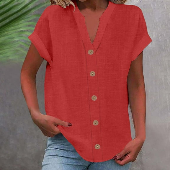 WTXUE Button Down Shirts Short Sleeve Shirts for Women Fashionable And Casual V Neck Button Short Sleeved Large Size T Shirt Shirt Plus Size Tops V Neck T Shirts for Women Women Blouses Red 3Xl