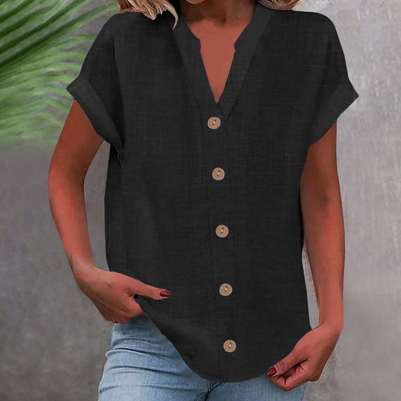 WTXUE Button Down Shirts Short Sleeve Shirts for Women Fashionable And Casual V Neck Button Short Sleeved Large Size T Shirt Shirt Plus Size Tops V Neck T Shirts for Women Women Blouses Black S