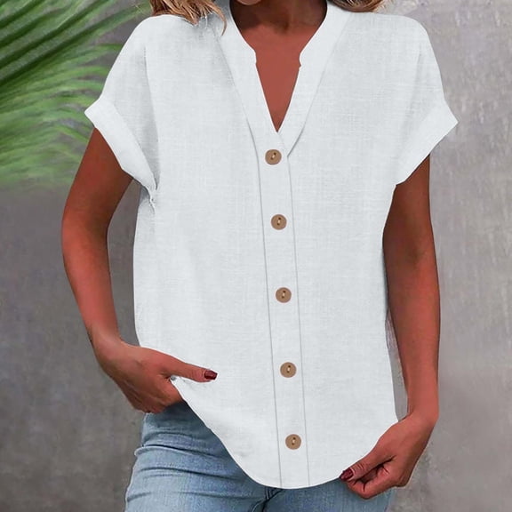 WTXUE Button Down Shirts Short Sleeve Shirts for Women Fashionable And Casual V Neck Button Short Sleeved Large Size T Shirt Shirt Plus Size Tops V Neck T Shirts for Women Women Blouses White S