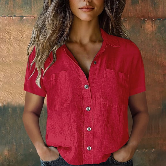 WTXUE Button Down Shirts Short Sleeve Shirts for Women Women Cotton Shirt Printed Fashion Down Shirts Casual Tops Short Sleeve Blouse Cotton Shirts Tunic Tops Loose Fitting Tops for Women Red S