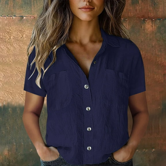 WTXUE Button Down Shirts Short Sleeve Shirts for Women Women Cotton Shirt Printed Fashion Down Shirts Casual Tops Short Sleeve Blouse Cotton Shirts Tunic Tops Loose Fitting Tops for Women Navy L
