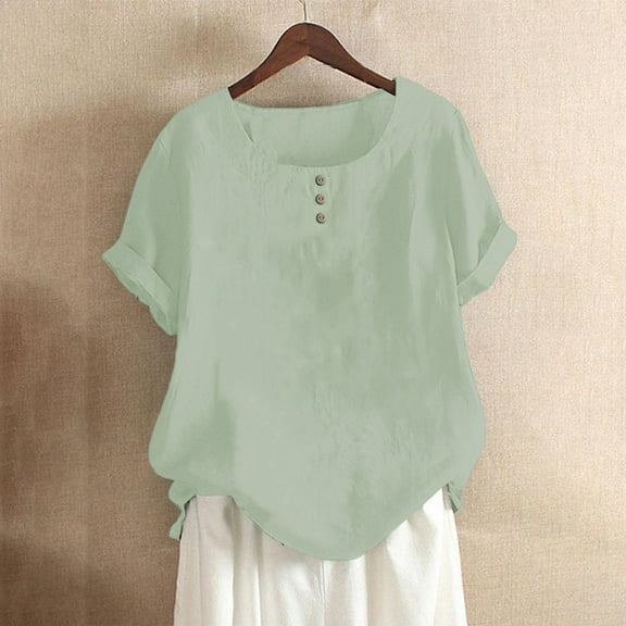 WTXUE Button Down Shirts Short Sleeve Shirts for Women Women'S Summer Round Neck Button Print Short Sleeve T Shirt Top Blouse Linen Shirts Tunic Tops Loose Fitting Tops for Women Mint Green S