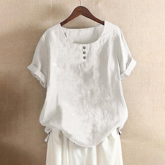 WTXUE Button Down Shirts Short Sleeve Shirts for Women Women'S Summer Round Neck Button Print Short Sleeve T Shirt Top Blouse Linen Shirts for Women Tunic Tops Loose Fitting Tops for Women White L