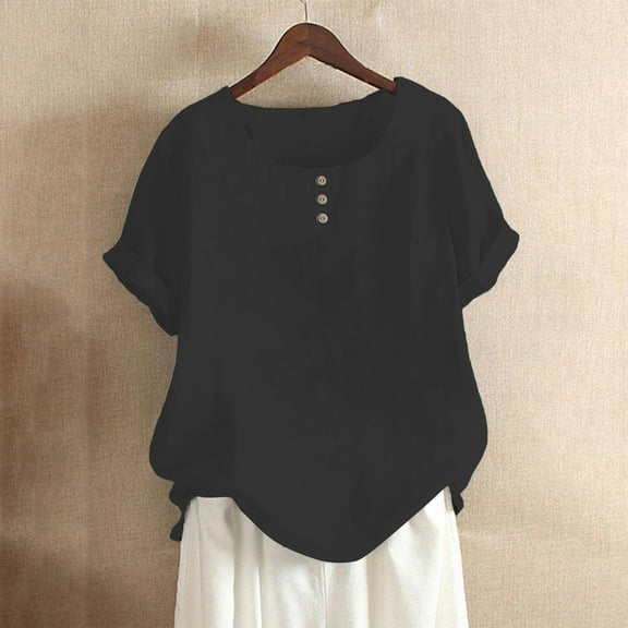 WTXUE Button Down Shirts Short Sleeve Shirts for Women Women'S Summer Round Neck Button Print Short Sleeve T Shirt Top Blouse Linen Shirts for Women Tunic Tops Loose Fitting Tops for Women Black 3Xl