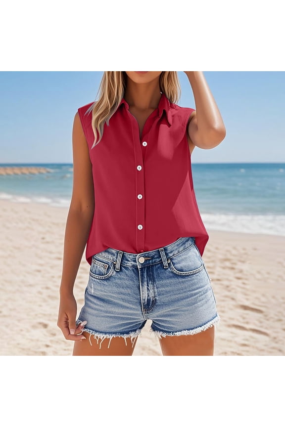 Button Down Shirts Sleeveless Tops Cotton Linen Shirts for Women Collared Tops Oversized Button Up Blouses Work Shirts Casual Summer Tshirt Cropped T Shirts Tunic Tops Cotton Shirts Red Xl