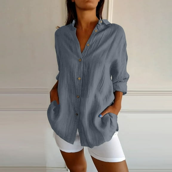 WTXUE Button Down Shirts Tunic Tops Breasted Pleated Lapel Shirt Independent Station Explosion Solid Color European And American Sleeve Top Shirts Trendy Loose Fitting Tops Women Blouses Grey Xl
