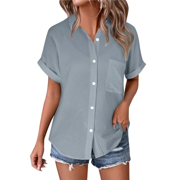 WTXUE Button Down Shirts Tunic Tops Cotton Linen Tops Short Sleeve Shirts Blouses for Women Dressy Casual Lightweight Shirts Beach Tops Blouses for Women Casual Grey Xl