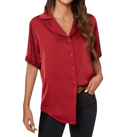 WTXUE Button Down Shirts for Women Blouses for Women Dressy Casual Solid Color Blouses V Neck Tops Chiffon Blouses Tunic Tops Short Sleeve Shirts Fitted Tops Loose Shirts Lightweight Shirts Red Xl