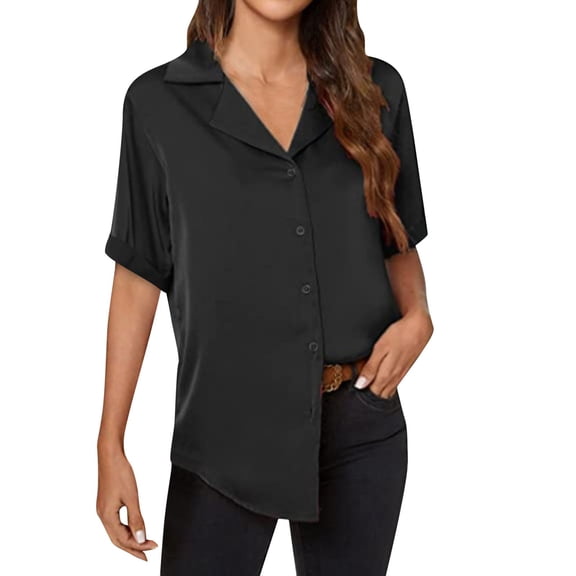 WTXUE Button Down Shirts for Women Blouses for Women Dressy Casual Solid Color Blouses V Neck Tops Chiffon Blouses Tunic Tops Short Sleeve Shirts Shirts Trendy Comfortable Tops Black Xxl