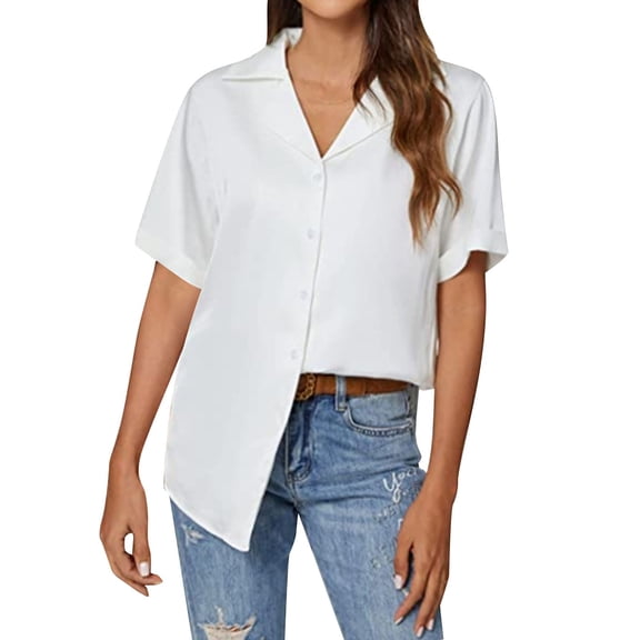 WTXUE Button Down Shirts for Women Blouses for Women Dressy Casual Solid Color Blouses V Neck Tops Chiffon Blouses Tunic Tops Short Sleeve Shirts Tops Dressy Casual Smocked Tops Women Blouses White L