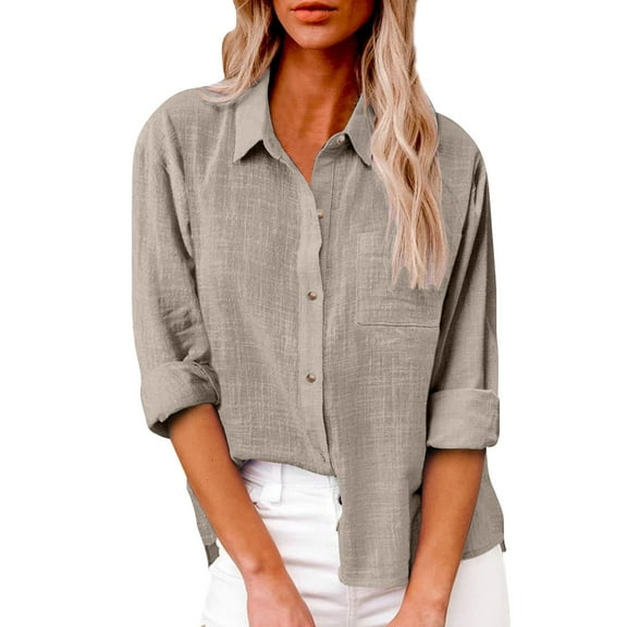WTXUE Button Down Shirts for Women Linen Shirts for Women Womens Cotton Linen Button Down Shirt Tunic Tops Loose Fitting Tops for Women Women Blouses Khaki 4Xl
