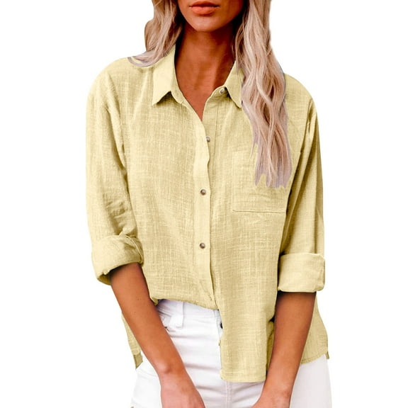 WTXUE Button Down Shirts for Women Linen Shirts for Women Womens Cotton Linen Button Down Shirt Tunic Tops Loose Fitting Tops for Women Women Blouses Yellow M