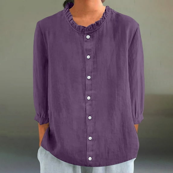 WTXUE Button Down Shirts for Women Long Sleeve Shirts Women'S Autumn Lapel Art Solid Color Round Neck Loose Pullover Top Casual Shirt T Shirt Tunic Tops Loose Fitting Tops Women Blouses Purple L