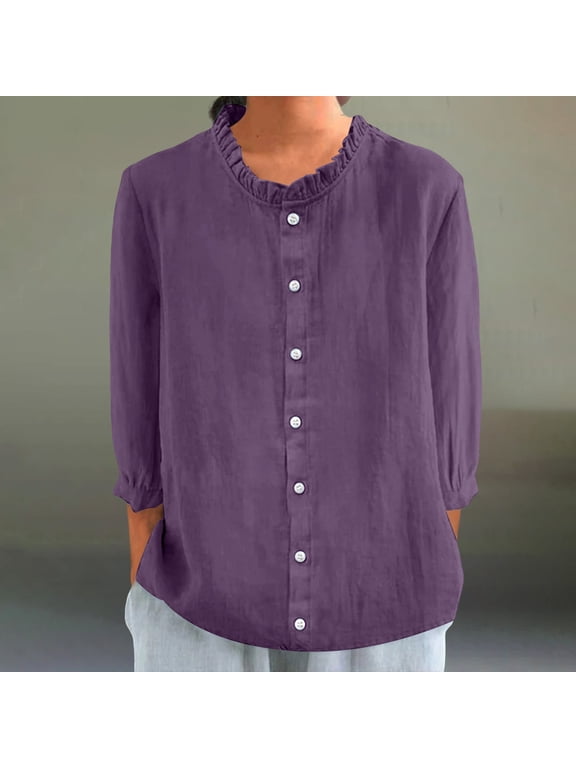 Button Down Shirts for Women Long Sleeve Shirts Women'S Autumn Lapel Art Solid Color Round Neck Loose Pullover Top Casual Shirt T Shirt Tunic Tops Loose Fitting Tops Women Blouses Purple M
