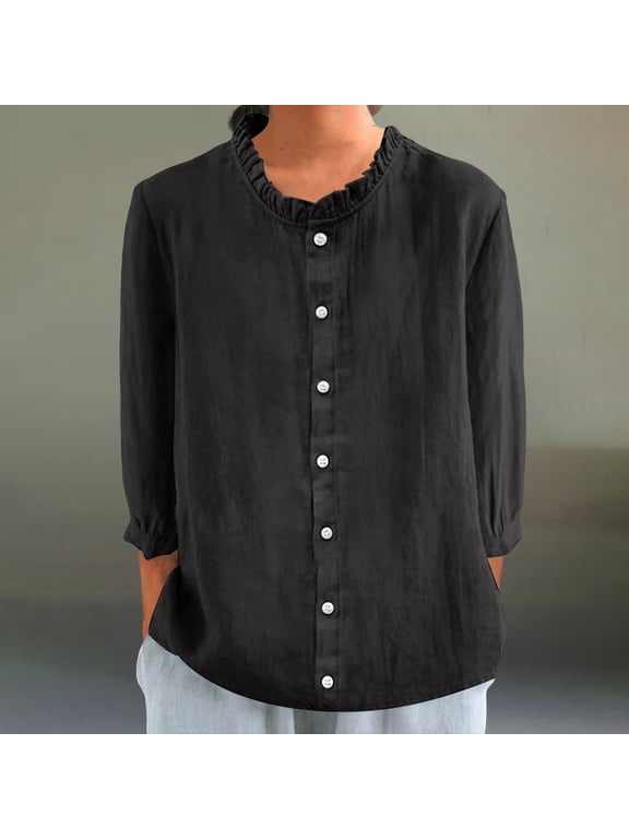 Button Down Shirts for Women Long Sleeve Shirts Women'S Autumn Lapel Art Solid Color Round Neck Loose Pullover Top Casual Shirt T Shirt Tunic Tops Loose Fitting Tops Women Blouses Black M