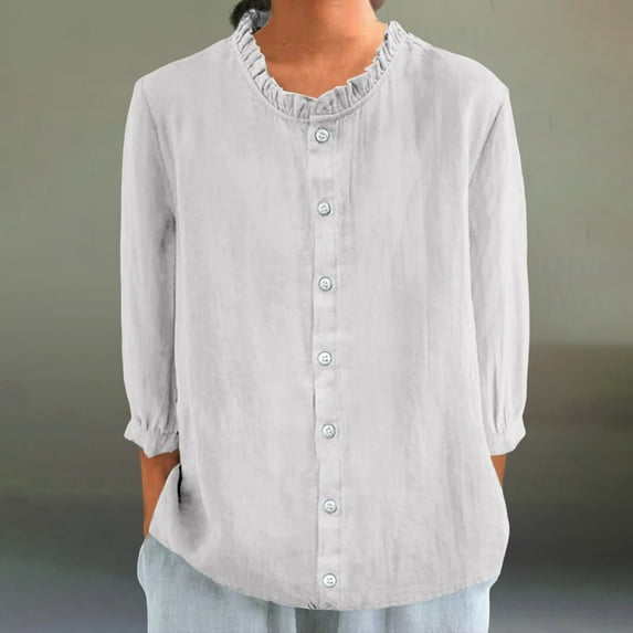 WTXUE Button Down Shirts for Women Long Sleeve Shirts Women'S Autumn Lapel Art Solid Color Round Neck Loose Pullover Top Casual Shirt T Shirt Tunic Tops Loose Fitting Tops Women Blouses White Xxl