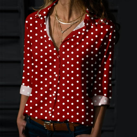 WTXUE Button Down Shirts for Women Long Sleeve Shirts for Women Womens Spring Summer Printed Long Sleeve V Neck Shirt Top Blouse V Neck T Shirts for Women Crop Tops for Women Womens Tops Casual Red Xl