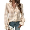 thumbnail image 1 of WTXUE Button Down Shirts for Women Long Sleeve Shirts Womens Plaid Blouse Ruffle Neck Button Down Plaid Puff Long Sleeve Gingham Blouse Shirts Tunic Tops Loose Fitting Tops Women Blouses Beige S, 1 of 8