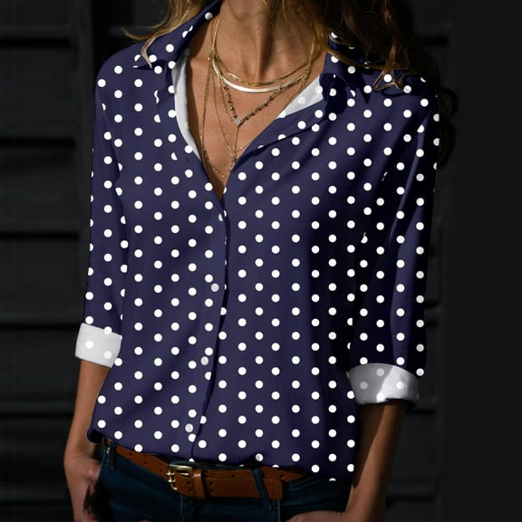 WTXUE Button Down Shirts for Women Long Sleeve Shirts Womens Spring Summer Printed Long Sleeve V Neck Shirt Top Blouse V Neck T Shirts for Women Crop Tops for Women Womens Tops Casual Navy Xxl