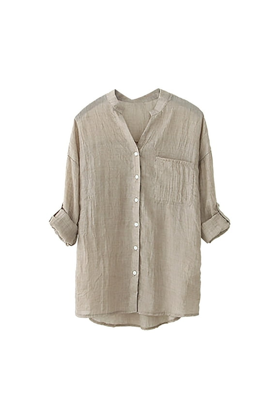 Button-Up Shirts 3/4 Sleeve, Notch Neck Shirts for Women's Shirt Sun Loose Thin Cotton Linen Top with Stand Collar Linen Shirts Cover-Up for Women Beige XXL