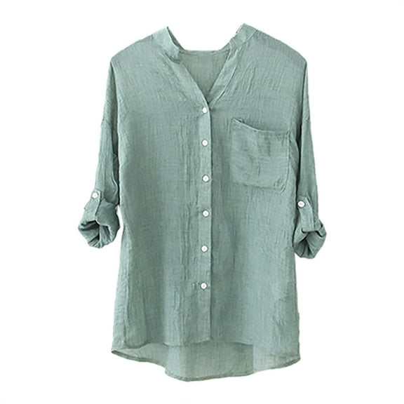 WTXUE Button-Up Shirts 3/4 Sleeve, Notch Neck Shirts for Women's Shirt Sun Loose Thin Cotton Linen Top with Stand Collar Linen Shirts Cover-Up for Women Green L