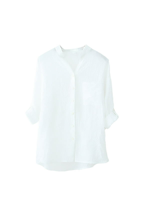 Button-Up Shirts 3/4 Sleeve, Notch Neck Shirts for Women's Shirt Sun Loose Thin Cotton Linen Top with Stand Collar Linen Shirts Cover-Up for Women White XXL
