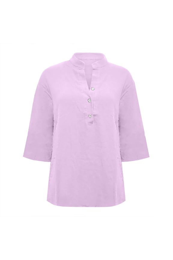 Button-Up Shirts Elbow-Length, Notch Neck Shirts for Women's Button Down Shirts Cotton Linen PlusLinen Shirts Solid | Workwear for Women's Plus Purple XXL