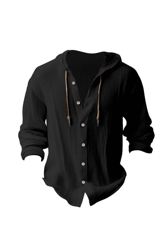 Button-Up Shirts Long Sleeve, Hooded Shirts for Men Button up Solid Cotton Linen Hooded Shirt Linen Shirts Solid | Casual for Men Black XL