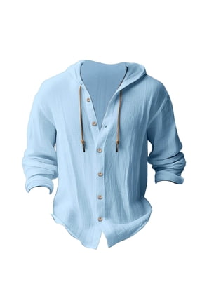 Button-Up Shirts Long Sleeve, Hooded Shirts for Men Button up Solid Cotton Linen Hooded Shirt Linen Shirts Solid | Casual for Men Blue 3XL