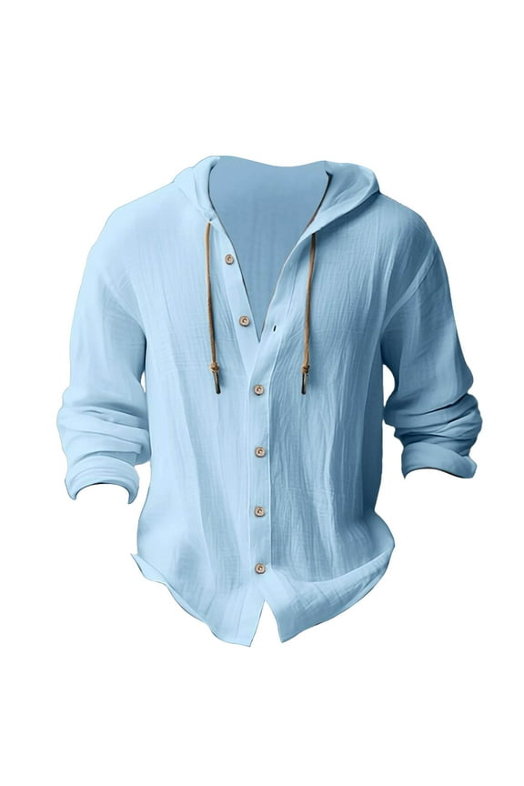 Button-Up Shirts Long Sleeve, Hooded Shirts for Men Button up Solid Cotton Linen Hooded Shirt Linen Shirts Solid | Casual for Men Blue L
