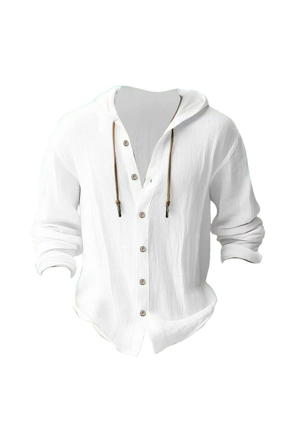 Button-Up Shirts Long Sleeve, Hooded Shirts for Men Button up Solid Cotton Linen Hooded Shirt Linen Shirts Solid | Casual for Men White XL