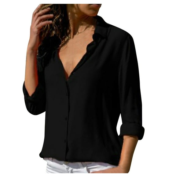 WTXUE Button-Up Shirts Long Sleeve, Lapel Womens Summer Tops 2024 Women TopTurn-Down Collar Busine Womens Shirts Solid, Blouses Long Sleeve Shirts, Dressy for Women