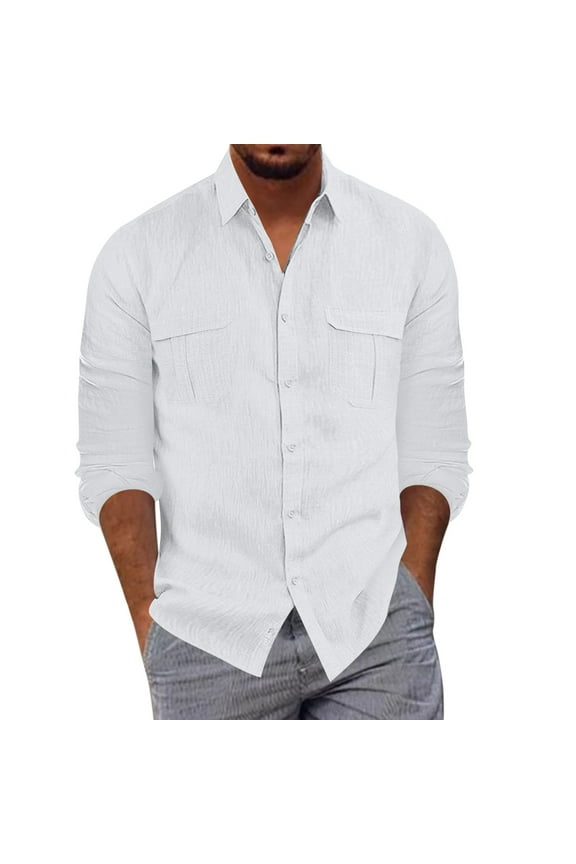 Button-Up Shirts Long Sleeve, Notch Neck Shirts Casual Button Lapel Cotton Pocket Shirt Top Workwear for Men White L
