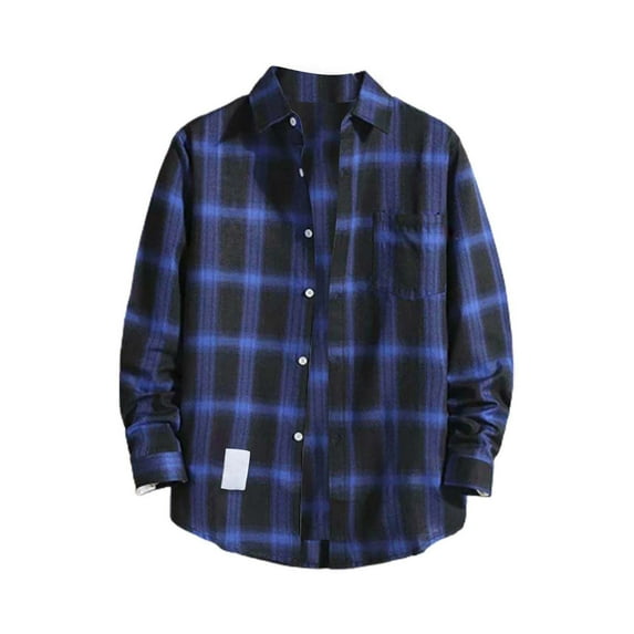 WTXUE Button-Up Shirts Long Sleeve, Notch Neck Shirts for Men Mens Fall Shirt Lapel Button Shirt Tops Cardigan Plaid | Workwear for Men Blue/Plaid XXL