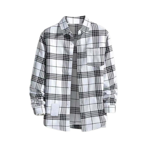 WTXUE Button-Up Shirts Long Sleeve, Notch Neck Shirts for Men Mens Fall Shirt Lapel Button Shirt Tops Cardigan Plaid | Workwear for Men White/Plaid XL