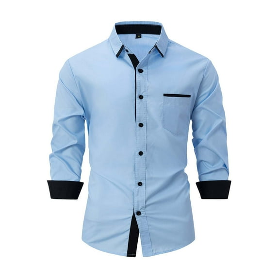 WTXUE Button-Up Shirts Long Sleeve, Notch Neck Shirts for Men Spring Fall Shirts Lapel Buttons Shirt Tops Cardigan Patchwork | Workwear for Men Blue M