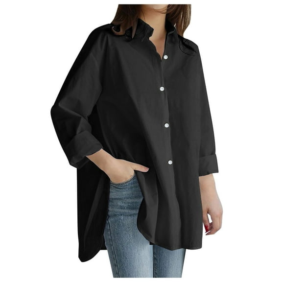 WTXUE Button-Up Shirts Long Sleeve, Notch Neck Shirts for Women Solid Top Blouse Loose Size Pocket Button Plus Size Shirt Blouse Solid | Workwear for Women's Plus Black S