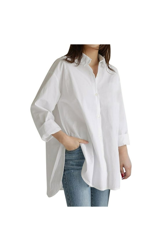 Button-Up Shirts Long Sleeve, Notch Neck Shirts for Women Solid Top Blouse Loose Size Pocket Button Plus Size Shirt Blouse Solid | Workwear for Women's Plus White 4XL
