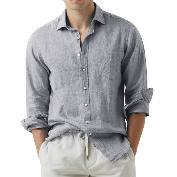 WTXUE Button-Up Shirts Long Sleeve, Notch Neck Shirts for Men Lapel Loose Shirt Cardigan Solid, Linen Shirts, Outerwear for Men Grey M