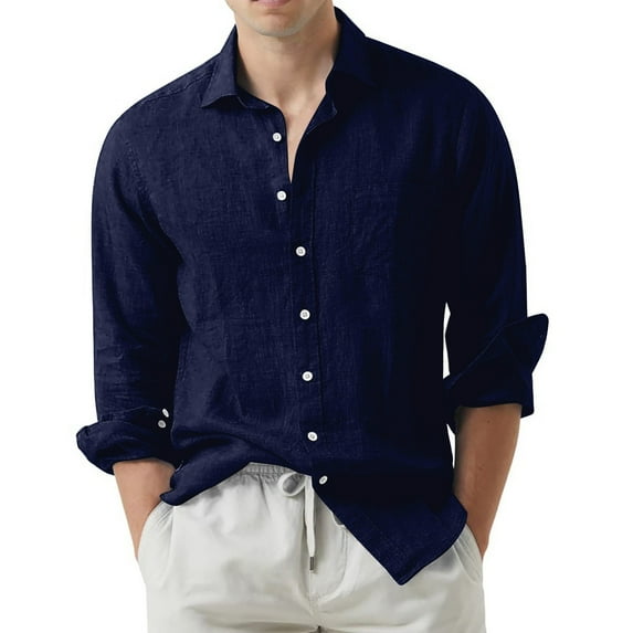 WTXUE Button-Up Shirts Long Sleeve, Notch Neck Shirts for Men Lapel Loose Shirt Cardigan Solid, Linen Shirts, Outerwear for Men Navy 3XL