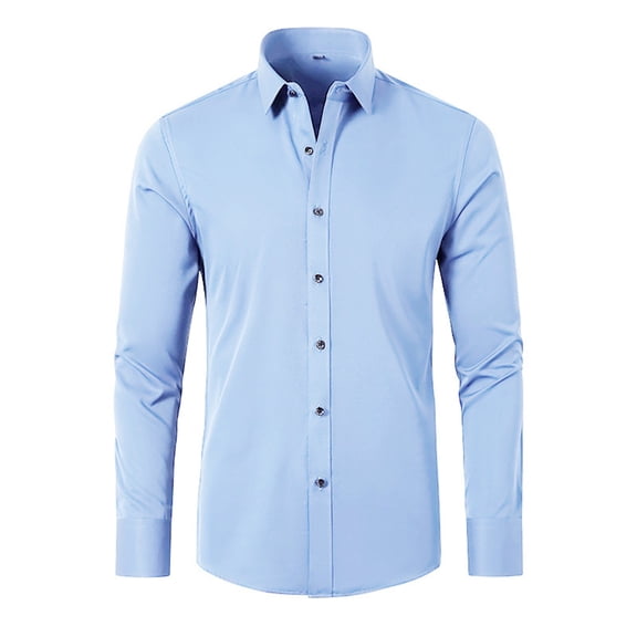 WTXUE Button-Up Shirts Long Sleeve, Notch Neck Shirts for Men Non Ironing Elastic Shirt Lapel Button Shirt Solid | Workwear for Men Light Blue XXL