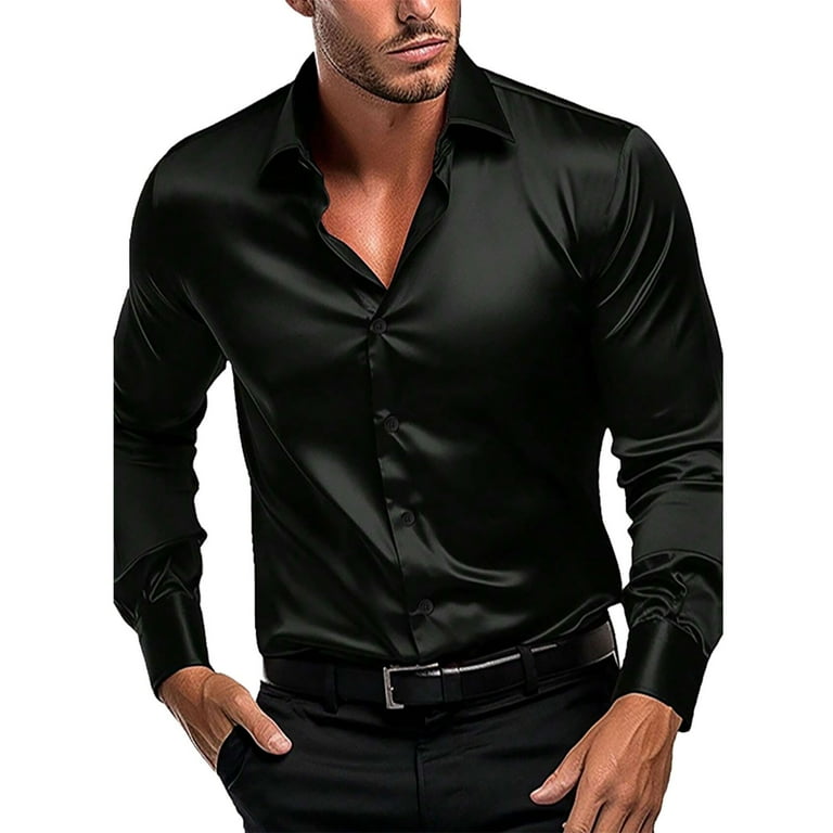 black silk dress shirt men Wtxue Button-Up Shirts Long Sleeve, Notch Neck Shirts for Simulation Satin Glossy with Elastic Workwear for Men M, Men's, Size Solid Color Workwear for gala-dinner-party Black Wedding Dresses Lace Bust:50