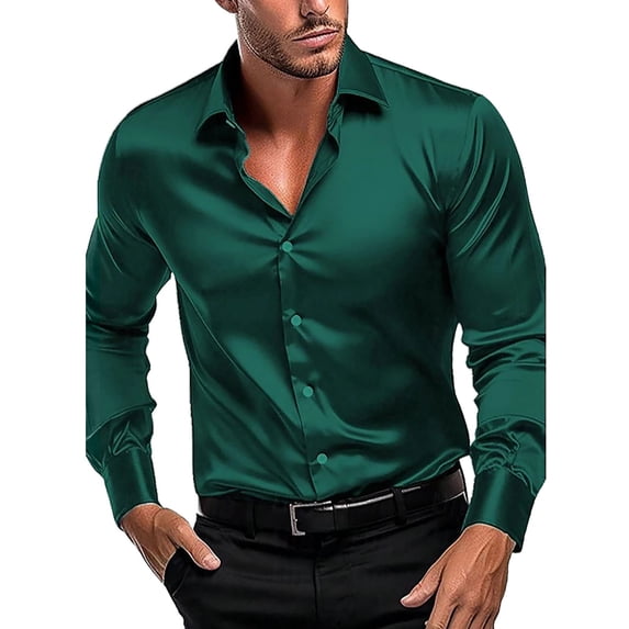 WTXUE Button-Up Shirts Long Sleeve, Notch Neck Shirts for Men Simulation Silk Satin Glossy Shirt with Elastic Workwear for Men Green M