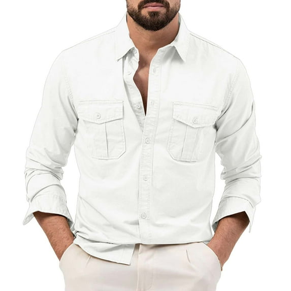 WTXUE Button-Up Shirts Long Sleeve, Notch Neck Shirts for Men Spring Summer Lapel Shirt Double Pockets Shirt Solid | Workwear for Men White XXL