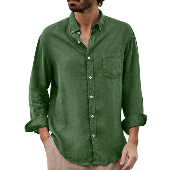 WTXUE Button-Up Shirts Long Sleeve, Notch Neck Shirts for Men T Shirt for Man OutdoorLoose T Shirt Cardigan Solid | Workwear for Men Green L