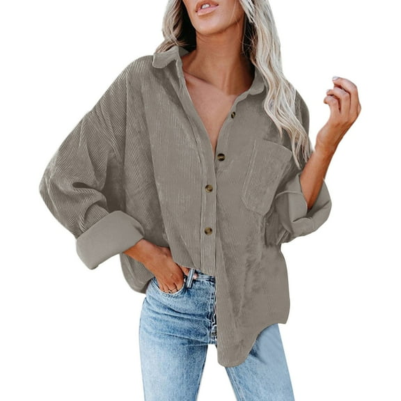 WTXUE Button-Up Shirts Long Sleeve, Round Neckline Womens Summer Tops 2024 Corduroy Oversized Wa Womens Shirts Solid, Blouses Long Sleeve Shirts | Outerwear for Women Grey M