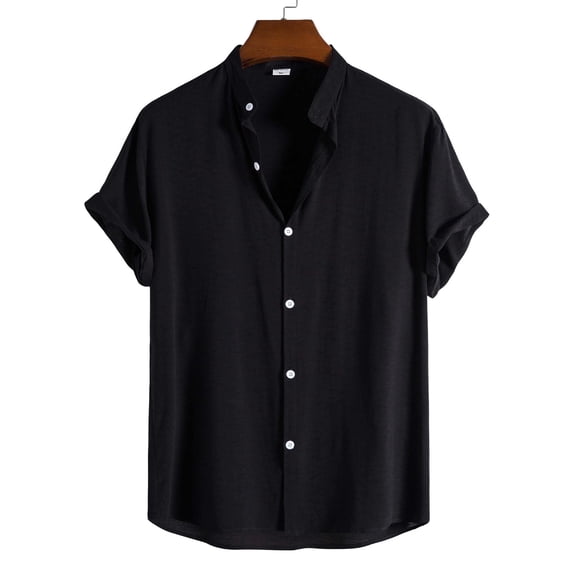 WTXUE Button-Up Shirts Short Sleeve, Notch Neck Mens Dress Shirts Casual Solid Button Down Shirt Beach Shirt Solid | Workwear for Men Black L